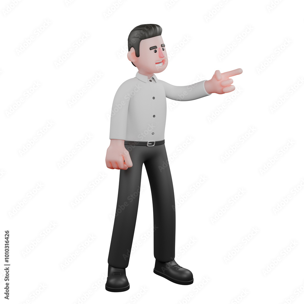 Analyst's Daily Business Review in 3D. A male businessman stands with his left hand pointing to the left. Male Cartoon Analyst's Daily Business Review in 3D. A male businessman stands with his left hand pointing to the left. Male Cartoon
