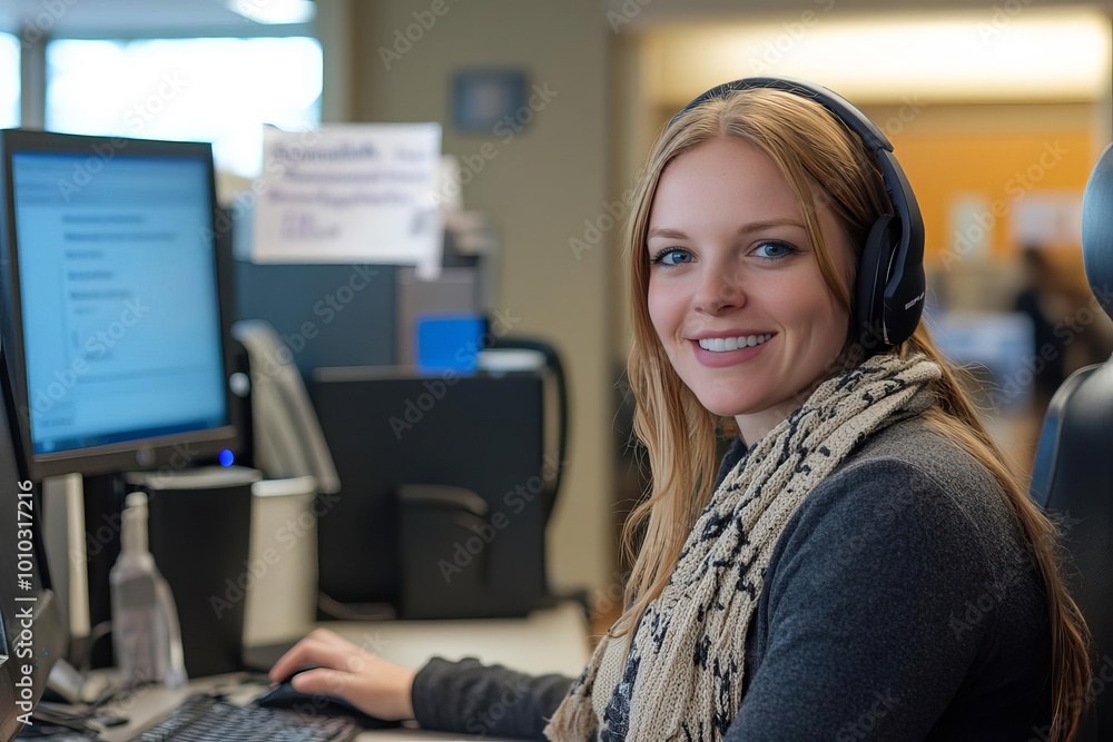 Obraz premium Smiling woman at a computer with headset
