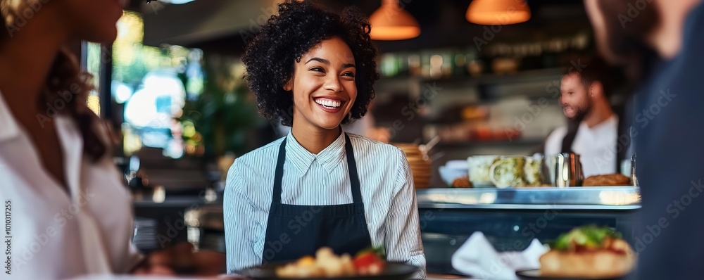 Smiling waitress in a busy restaurant scene Smiling waitress in a busy restaurant scene