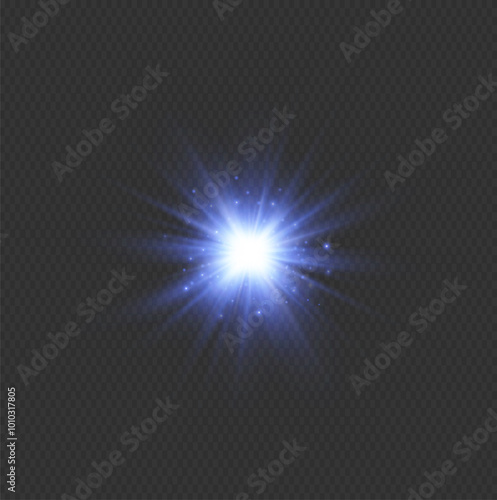 Blue Glow Light flare Effect. Star burst with sparkles overlay isolated transparent explosion, glitter, dust, line, sun flash, spark and star, spotlight, curve twirl. Vector Sunlight, abstract effect