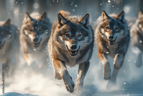 A pack of wolves running through a snowy forest.