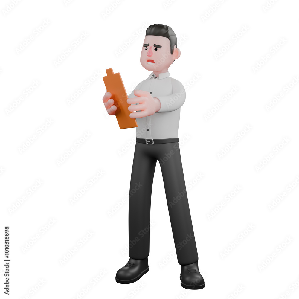 Professional Male in Business. A male businessman stands facing right with both hands holding a clipboard. 3D Analyst Cartoon Professional Male in Business. A male businessman stands facing right with both hands holding a clipboard. 3D Analyst Cartoon