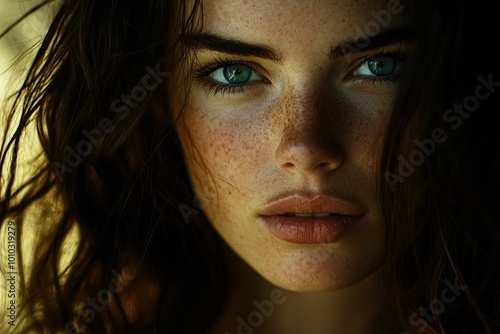 A close-up portrait of an attractive woman with wavy dark brown hair, piercing blue eyes