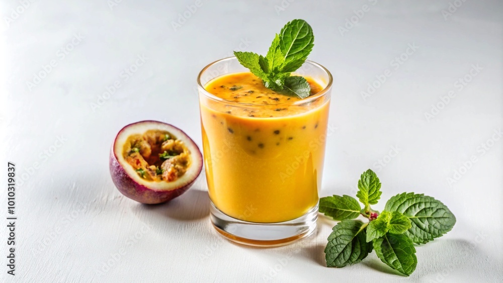 Passion fruit smoothie with fresh mint on a white background. Passion fruit smoothie with fresh mint on a white background.