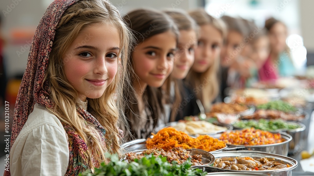 A group of girls smiles while showcasing a variety of traditional dishes at a communal feast. A group of girls smiles while showcasing a variety of traditional dishes at a communal feast.