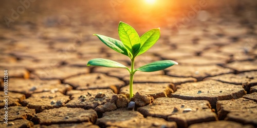 A small green seedling sprouting from cracked, dry soil, seedling, growth, plant, green, nature, environment