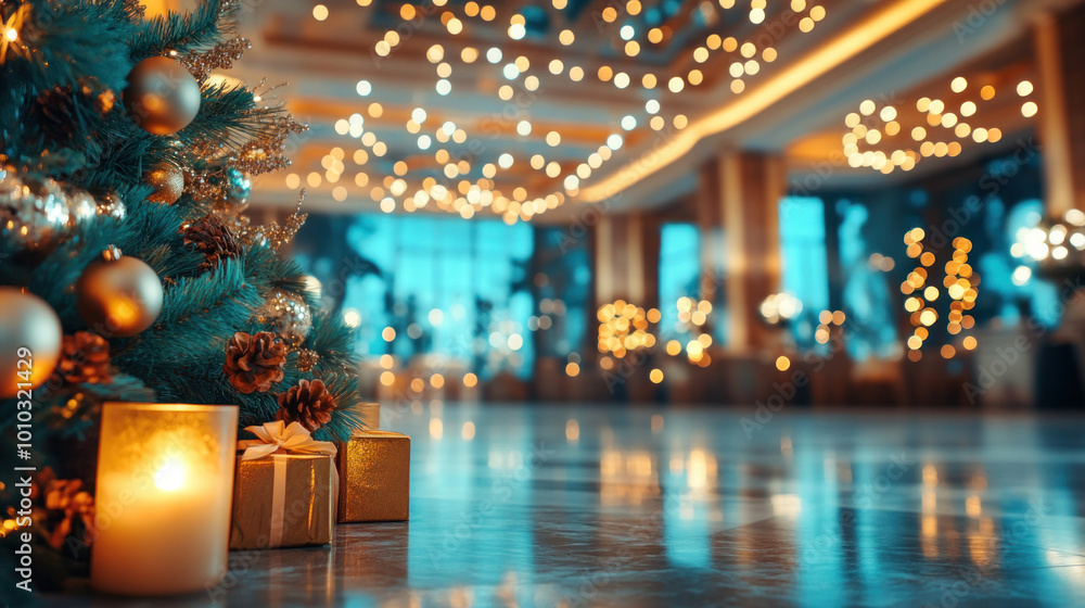 Obraz premium Blurred view of a grand event hall, with soft lighting and elegant details in the background