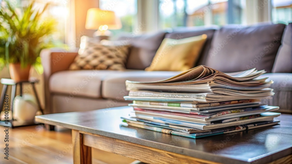 Selective focus on stacked magazines on table in living room, magazines, stack, table, living room, interior, decor, book Selective focus on stacked magazines on table in living room, magazines, stack, table, living room, interior, decor, book