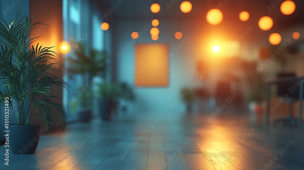 Blurred interior design of a modern office with warm lighting and green plants. Blurred interior design of a modern office with warm lighting and green plants.