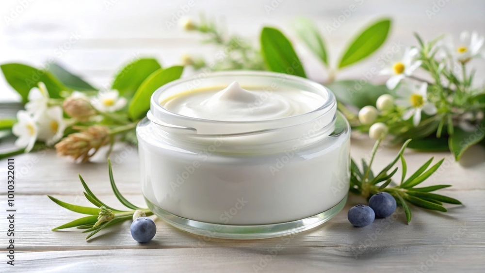 Moisturizing face cream in a white jar with natural ingredients , skincare, beauty, hydration Moisturizing face cream in a white jar with natural ingredients , skincare, beauty, hydration