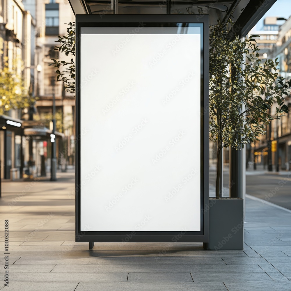 A blank billboard stands tall in a modern city street, ready for your message. A blank billboard stands tall in a modern city street, ready for your message.