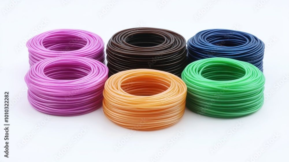 Series of colorful 3D printed PLA filaments, eco-friendly concept, modern technology Series of colorful 3D printed PLA filaments, eco-friendly concept, modern technology