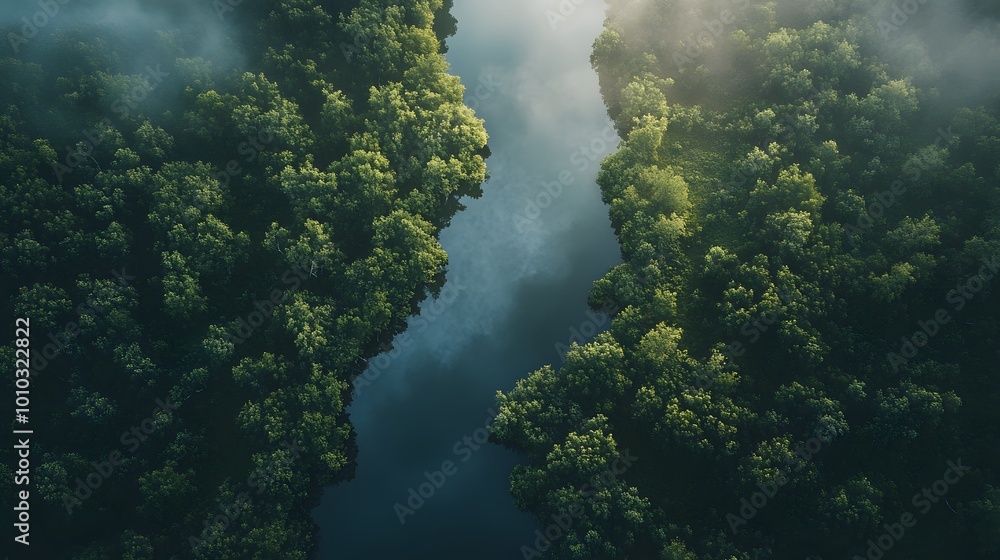 Aerial View of a River Splitting Through Lush Greenery Aerial View of a River Splitting Through Lush Greenery