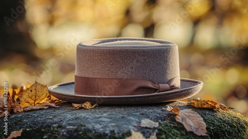 Stylish pork pie hat with a flat crown and short brim, showcasing a vintage-inspired design. photo