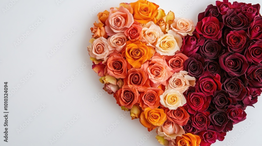 A beautiful heart trail made of vibrant roses in various shades, standing out against a sleek white backdrop, perfect for romantic themes A beautiful heart trail made of vibrant roses in various shades, standing out against a sleek white backdrop, perfect for romantic themes
