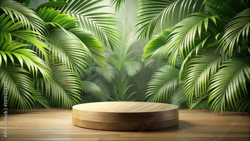 wooden product podium display with palm leaf jungle background for cosmetics presentation, wood, podium, display, tropical wooden product podium display with palm leaf jungle background for cosmetics presentation, wood, podium, display, tropical