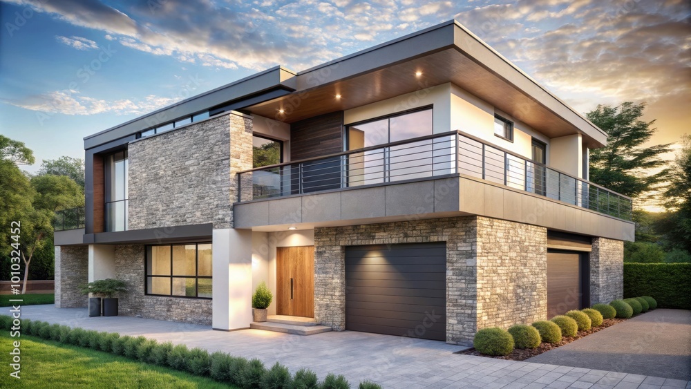 Modern two-story house with balcony and stone facade , architecture, exterior, residential, design, contemporary, building, home Modern two-story house with balcony and stone facade , architecture, exterior, residential, design, contemporary, building, home