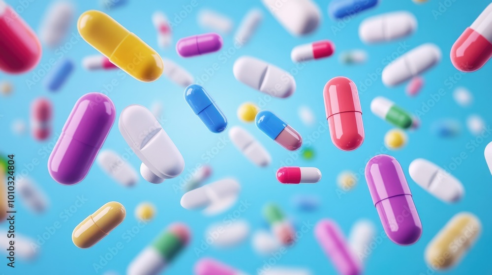 Multi-colored pills and capsules of drugs flying in all directions Multi-colored pills and capsules of drugs flying in all directions
