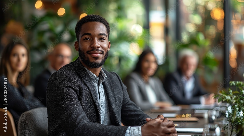 A group of professionals in a meeting, with a focus on a smiling man in the foreground. A group of professionals in a meeting, with a focus on a smiling man in the foreground.