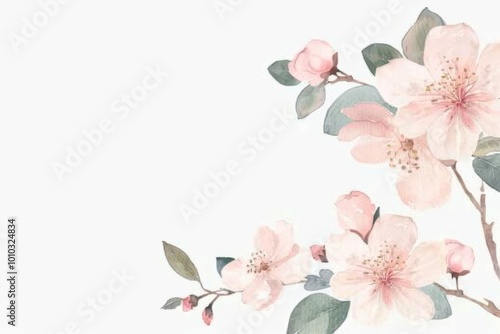 watercolor pink floral corner, white background, pastel colors, cute style 