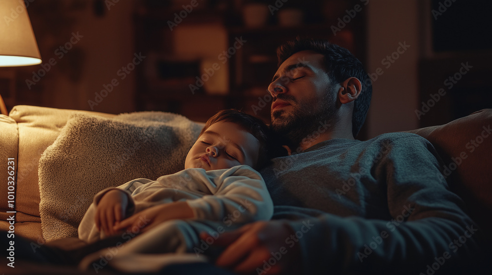Obraz premium Father and Child Asleep on Couch in Cozy Evening Lighting