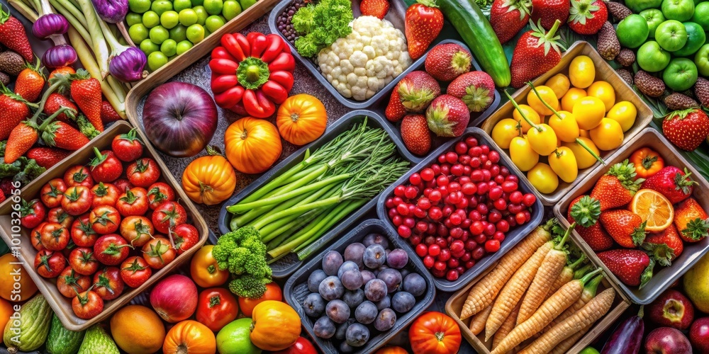 A high quality HD image of assorted fresh fruits and vegetables on different trays, showcasing details and textures A high quality HD image of assorted fresh fruits and vegetables on different trays, showcasing details and textures