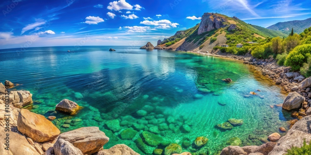 Fototapeta premium Tranquil turquoise sea water and rocky beach landscape in Crimea , Rocks, beaches, turquoise water, exotic