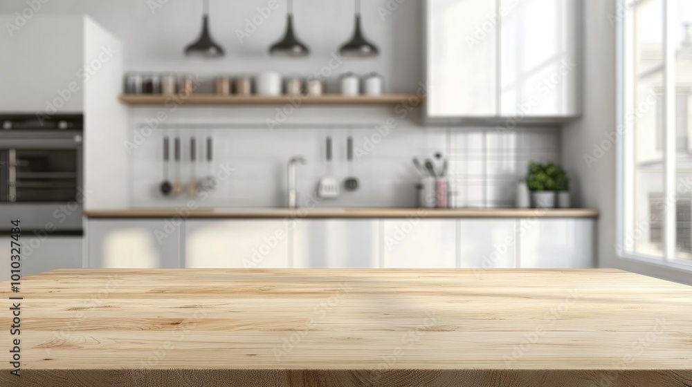 Wooden light empty table top in modern white kitchen, kitchen panel in interior Wooden light empty table top in modern white kitchen, kitchen panel in interior