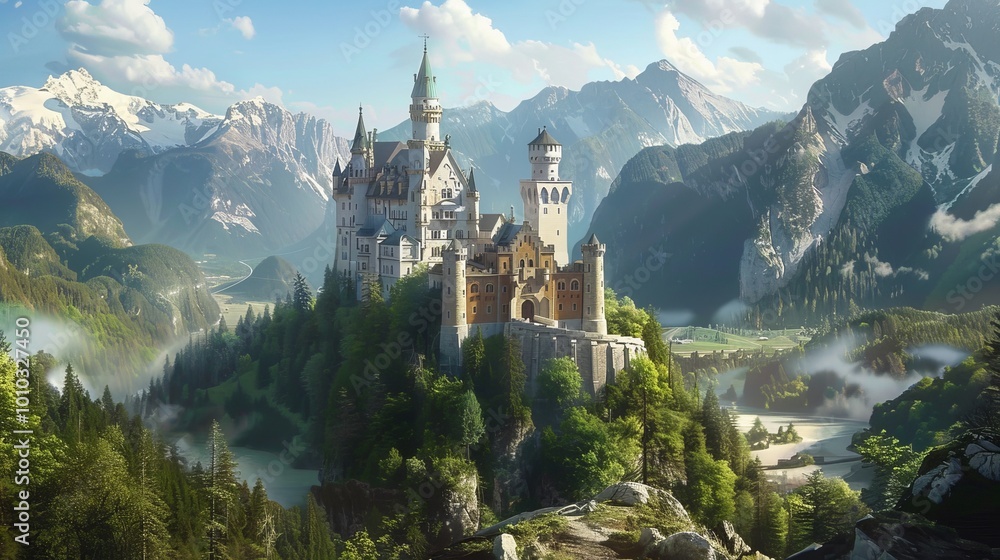 Fototapeta premium a beautiful castle of germany in the mountain at the top beautiful hd cinaematic view of the castle hd image beautiful natural wonder