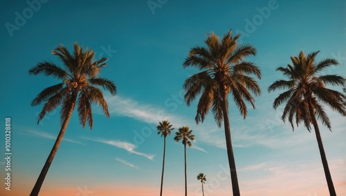 Row of tall palm trees with a warm sky  possibly at dawn or dusk  serene and bright