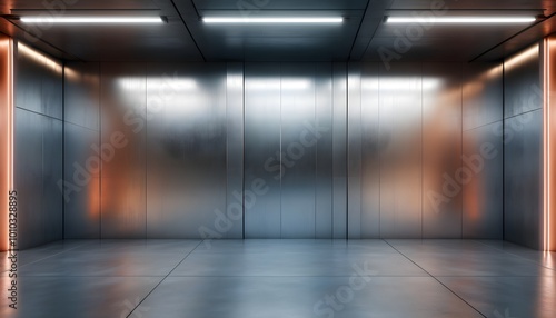 Reflective Elegance of Stainless Steel in a Dimly Lit Elevator