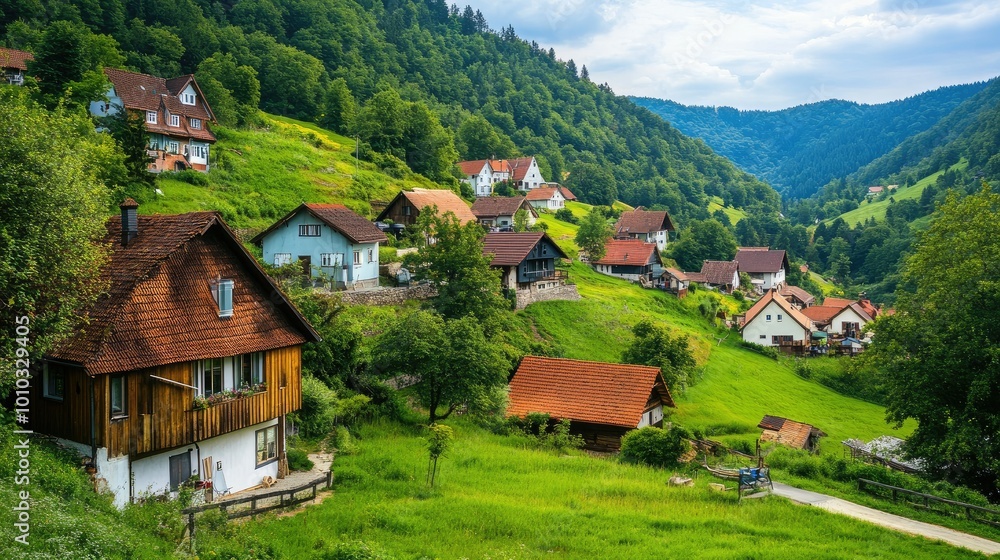 Traditional European village nestled in rolling hills Traditional European village nestled in rolling hills