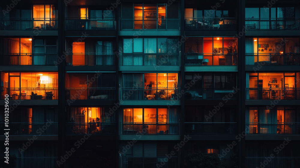 A row of apartment windows at night, with the silhouettes of people visible inside, their lives outlined by glowing lights A row of apartment windows at night, with the silhouettes of people visible inside, their lives outlined by glowing lights