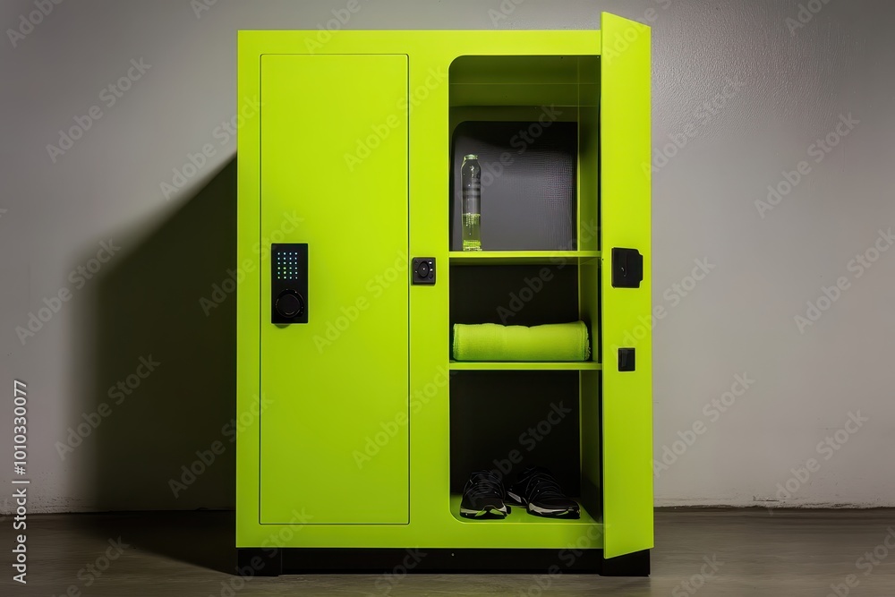 A bright green locker with shelves, containing a towel, shoes, and a water bottle. A bright green locker with shelves, containing a towel, shoes, and a water bottle.
