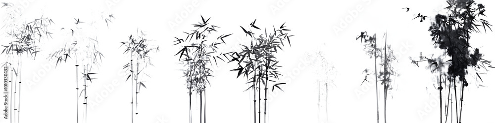 Obraz premium Set of Black and White Bamboo Grove Silhouette on white and transparent background. PNG