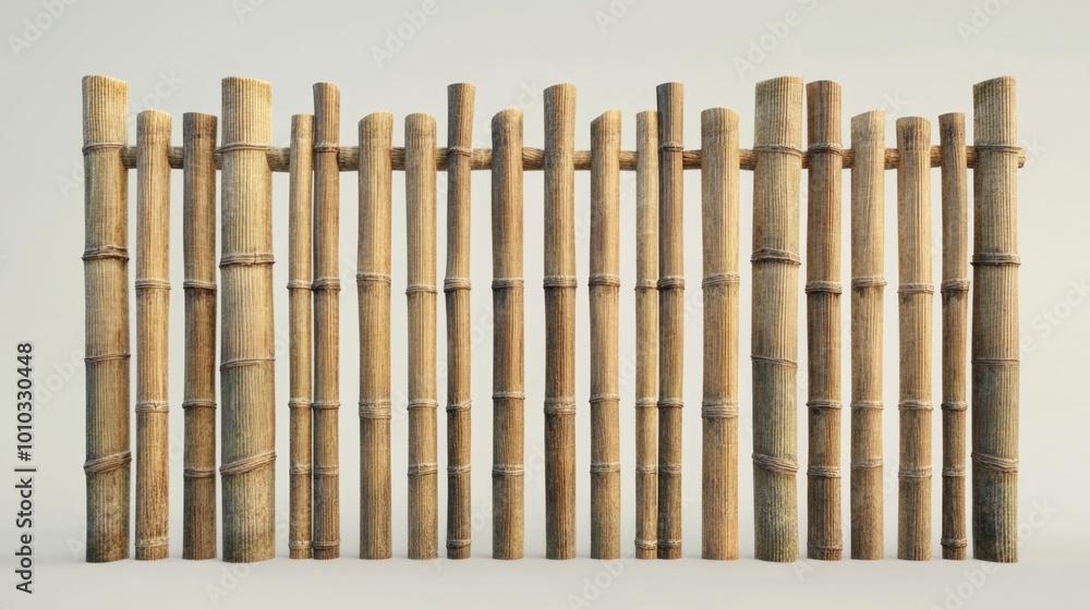 A bamboo fence with vertical branches forming a natural and stylish barrier, perfect for peaceful outdoor spaces. Realistic, highly detailed A bamboo fence with vertical branches forming a natural and stylish barrier, perfect for peaceful outdoor spaces. Realistic, highly detailed