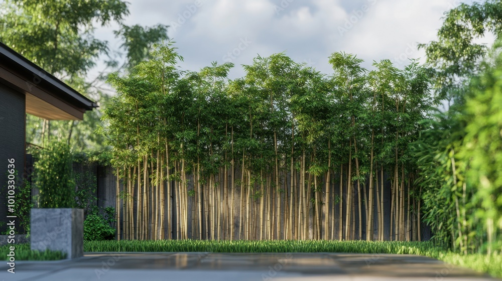 A bamboo tree arrangement forming a fence with vertical branches, providing a serene and eco-friendly outdoor design. Realistic, highly detailed A bamboo tree arrangement forming a fence with vertical branches, providing a serene and eco-friendly outdoor design. Realistic, highly detailed