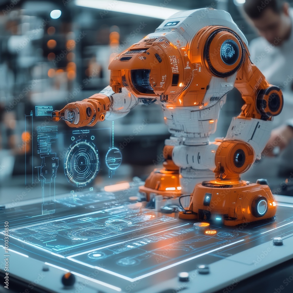 Futuristic Robotic Arm with Holographic Interface in Industrial Setting Futuristic Robotic Arm with Holographic Interface in Industrial Setting