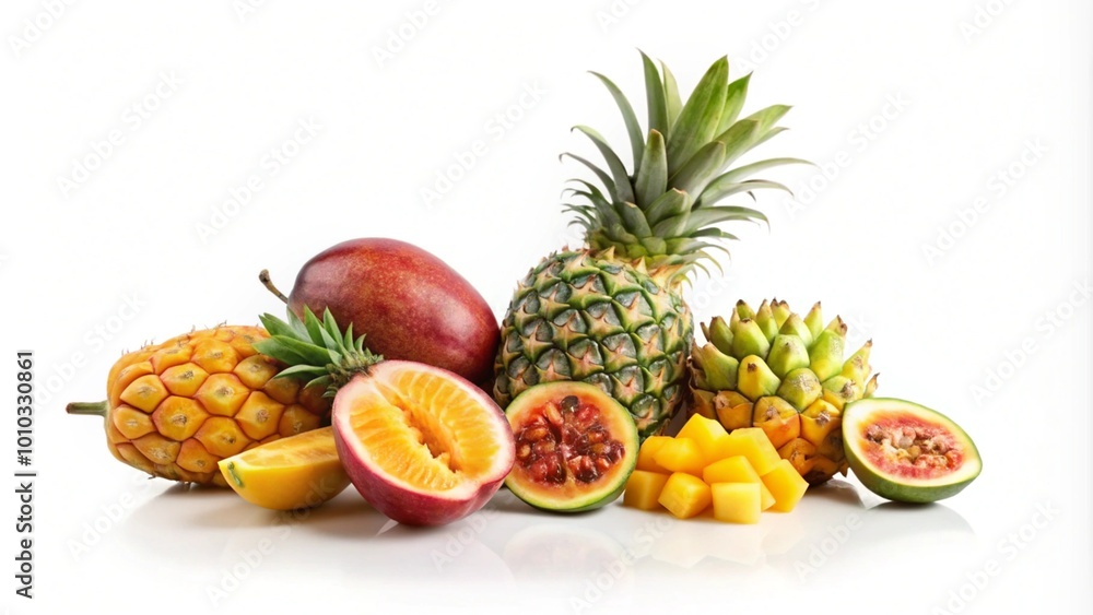 A variety of tropical fruits, including pineapple, mango, and passionfruit, arranged on a white background. A variety of tropical fruits, including pineapple, mango, and passionfruit, arranged on a white background.