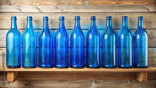 Row of empty blue glass bottles on a wooden shelf , glass, bottles, blue, empty, rows, wooden, shelf, decor photo