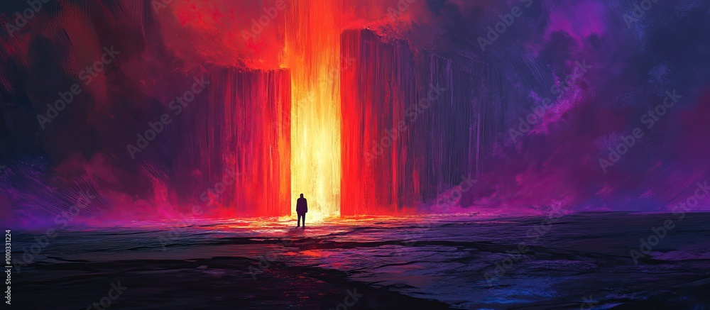 Silhouette of a Man Facing a Glowing Portal Silhouette of a Man Facing a Glowing Portal