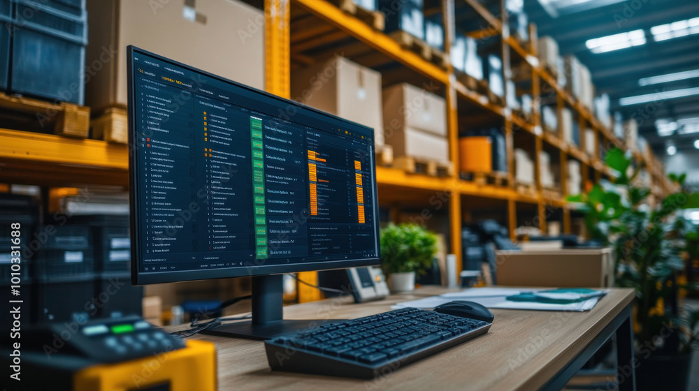 Digital inventory control system in a modern warehouse, displaying real-time data of stock levels and orders, integrated with automated robots Digital inventory control system in a modern warehouse, displaying real-time data of stock levels and orders, integrated with automated robots