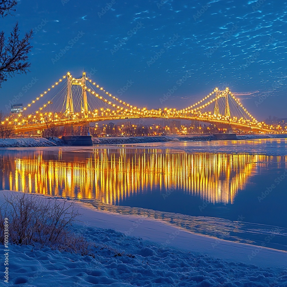 Fototapeta premium Illuminated bridge over a frozen river at dusk.