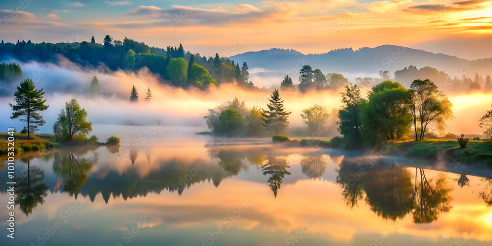 Fototapeta premium Golden Hour Serenity: A tranquil lake mirroring the breathtaking sunrise over a misty forest, capturing the essence of peace and natural beauty