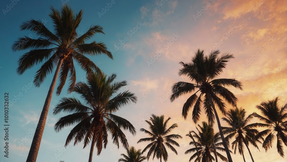Tranquil beach with palm trees and warm sunset hues, no visible people in the scene Tranquil beach with palm trees and warm sunset hues, no visible people in the scene