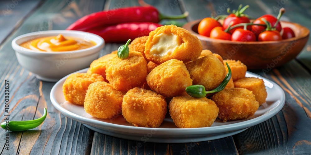 Fried chili cheese nuggets on a plate, food, snack, appetizer, crispy, spicy, cheese, deep fried, golden brown Fried chili cheese nuggets on a plate, food, snack, appetizer, crispy, spicy, cheese, deep fried, golden brown