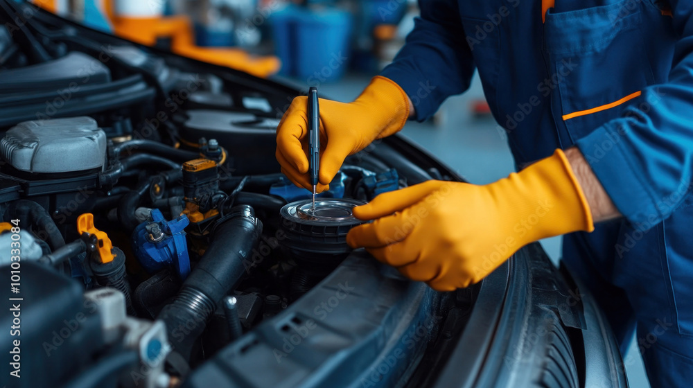 Mechanic performing a tire quality control inspection, checking for defects and ensuring the tire meets industry standards Mechanic performing a tire quality control inspection, checking for defects and ensuring the tire meets industry standards