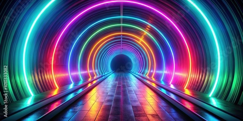 Abstract background with ascending colorful neon lines, glowing trails in tunnel, abstract, background, colorful, neon, glowing