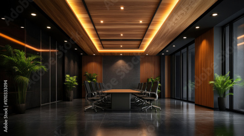 Office ceiling design with sleek lines and recessed lighting, creating a seamless and professional appearance in the workspace