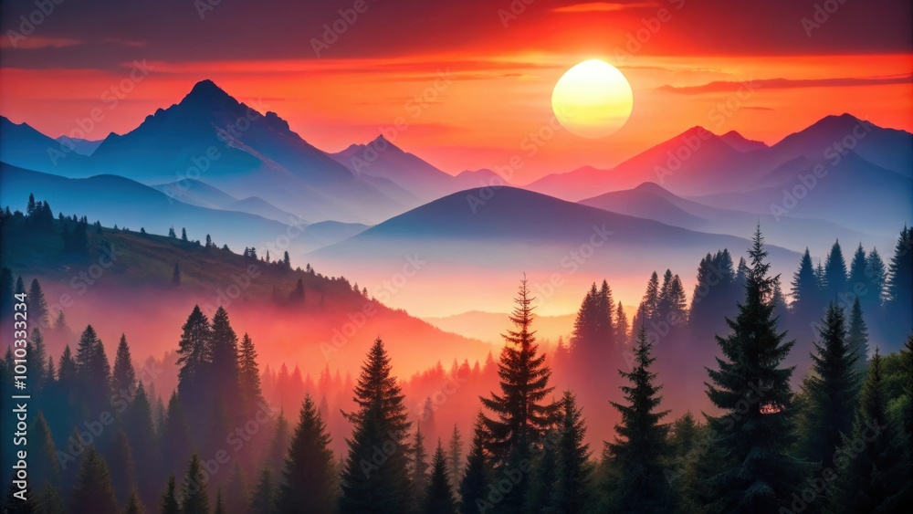 Obraz premium Colorful of mountains and trees with a red sun in the background, mountains, trees, colorful,nature, landscape, red sun, sky